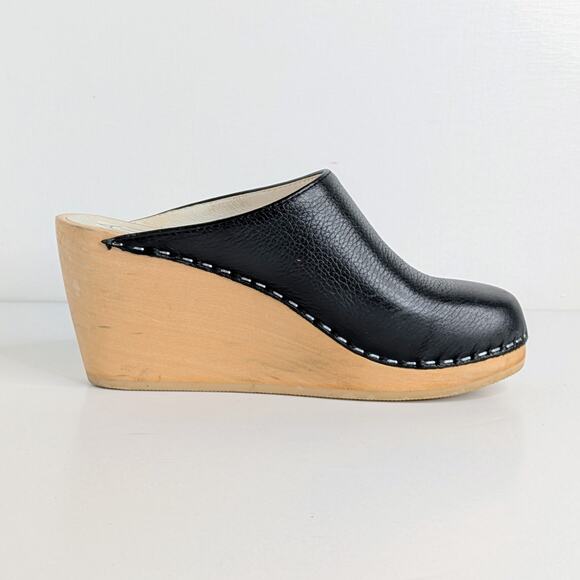 Maguba Clogs Wedge Heels 37 Black Leather Wood Platform Scandinavian Boho - Picture 6 of 12